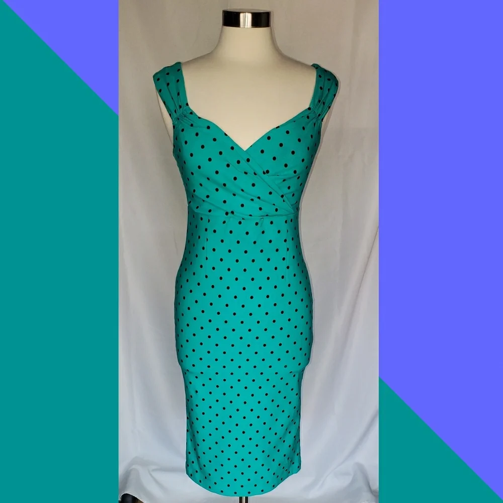 Pinup Couture Turquoise Dress with Black Polka Dots - Picture 1 of 8